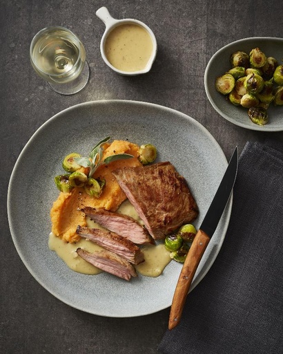 Bavette de veau de lait mariné Dijon, miel et Whisky