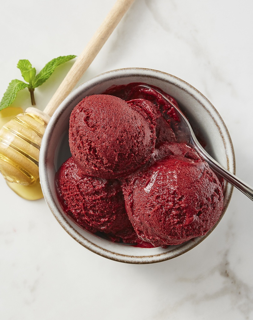 Haskap berry, honey and mint gelato